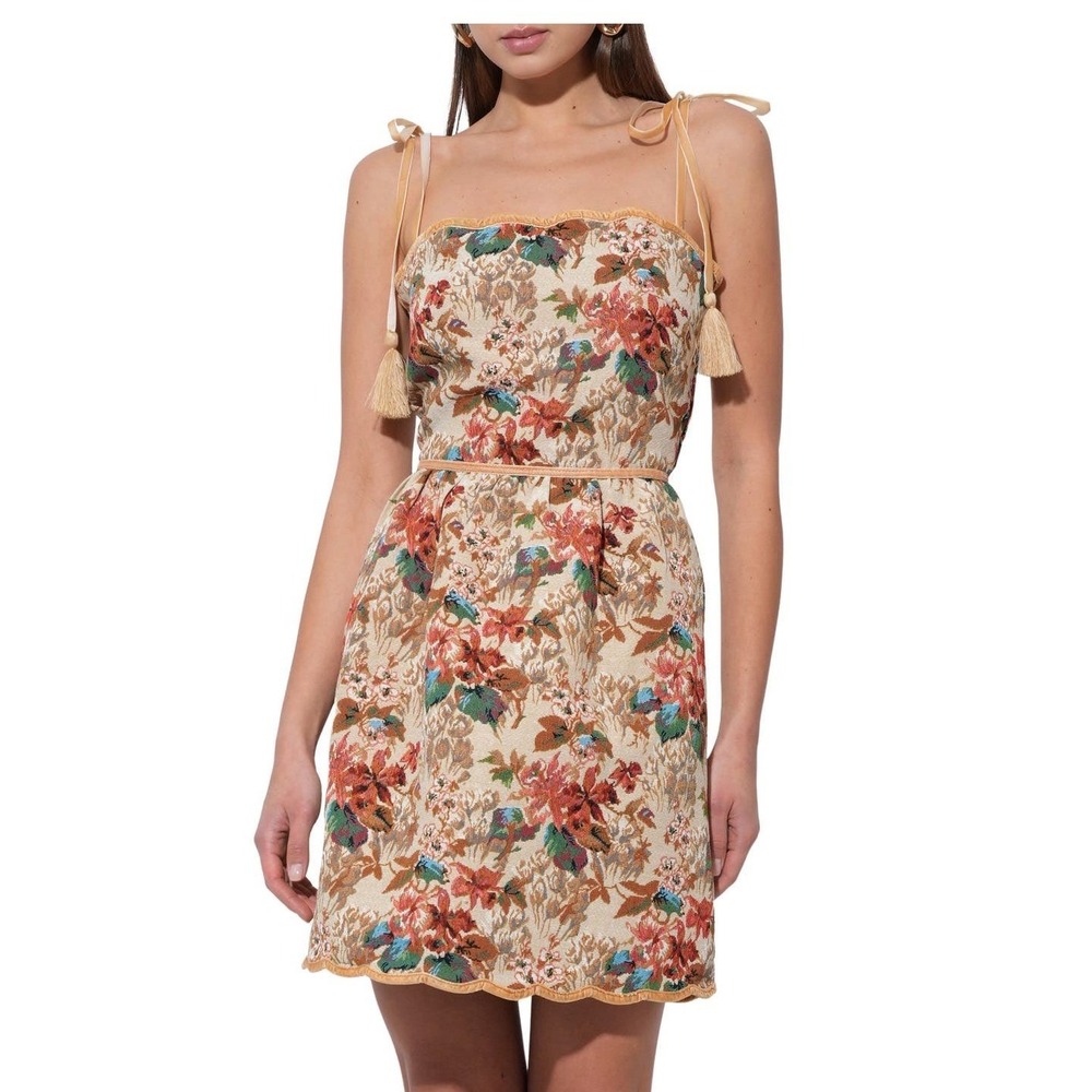 Adelyn Rae Floral Tapestry Mini Dress Scalloped Velvet Trim XS